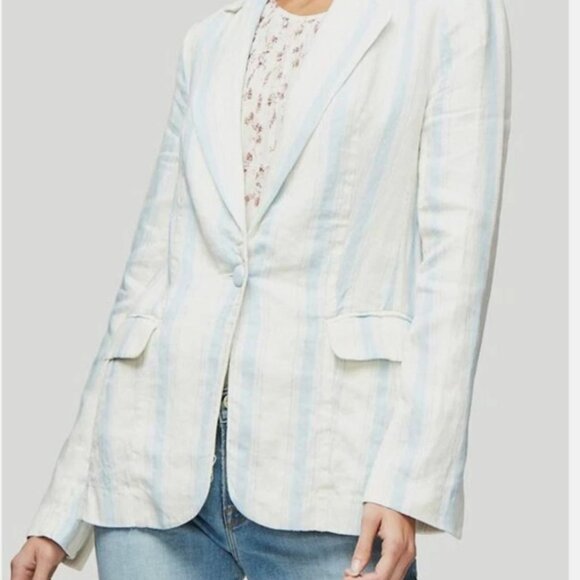 FRAME Classic Stripe Linen Blue White Blazer Size 4 - Picture 2 of 14
